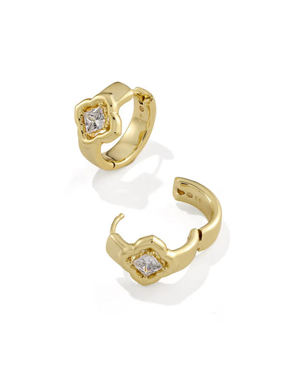 Mallory Crystal Gold Huggie Earrings by Kendra Scott feature gold hoops with a square-cut white CZ gemstone in an ornate four-prong setting. Available in multiple sizes.