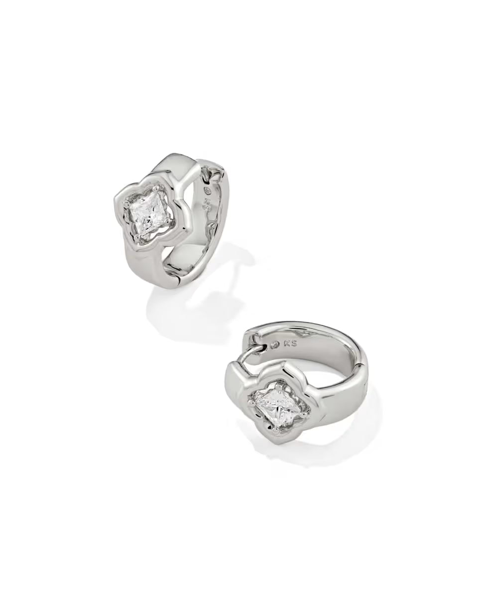 Mallory Crystal Silver Huggie Earrings by Kendra Scott with square-cut white CZ gemstones in decorative silver settings. Available sizes: one size.