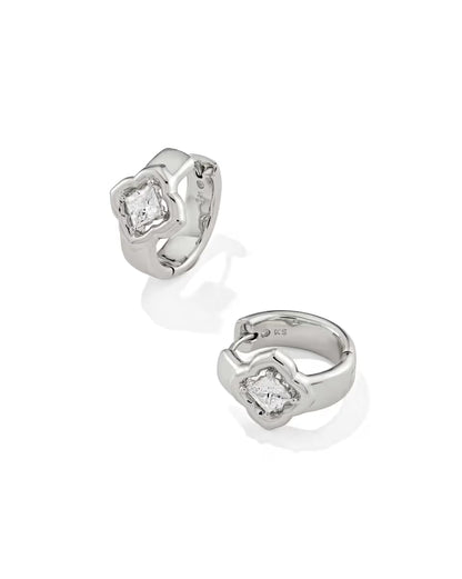 Mallory Crystal Silver Huggie Earrings by Kendra Scott with square-cut white CZ gemstones in decorative silver settings. Available sizes: one size.