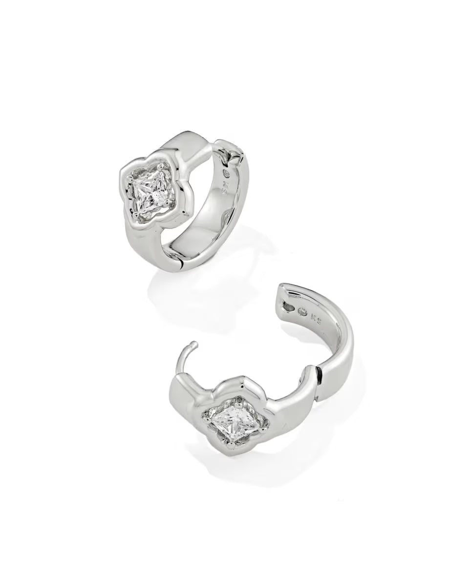 Mallory Crystal Silver Huggie Earrings by Kendra Scott with square White CZ gemstones; available in multiple sizes.