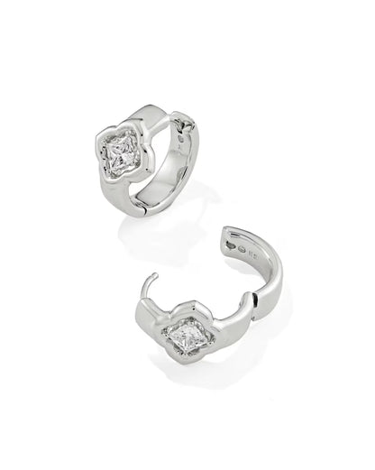 Mallory Crystal Silver Huggie Earrings by Kendra Scott with square White CZ gemstones; available in multiple sizes.