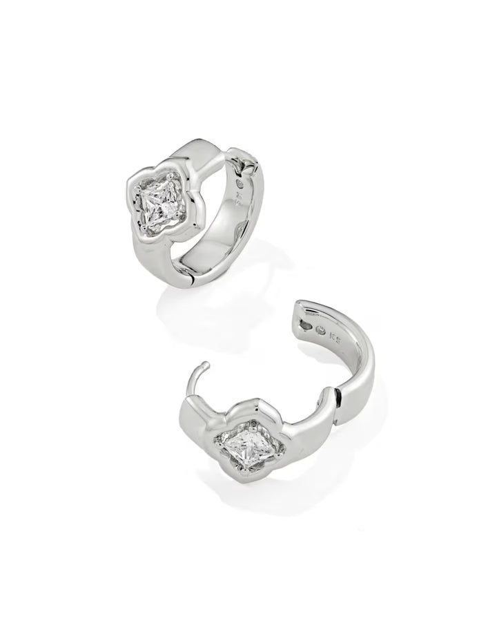 Mallory Crystal Silver Huggie Earrings by Kendra Scott with square White CZ gemstones; available in multiple sizes.
