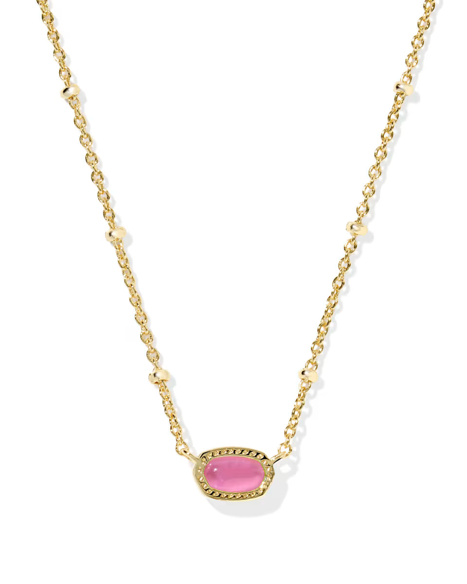 Mini Elisa Gold Satellite Short Pendant Necklace in Azalea Illusion by Kendra Scott; delicate gold chain with small bead accents and central oval Azalea Illusion stone in textured gold setting; available in standard 15″–17″ adjustable lengths.