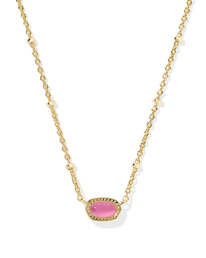 Mini Elisa Gold Satellite Short Pendant Necklace in Azalea Illusion by Kendra Scott; delicate gold chain with small bead accents and central oval Azalea Illusion stone in textured gold setting; available in standard 15″–17″ adjustable lengths.