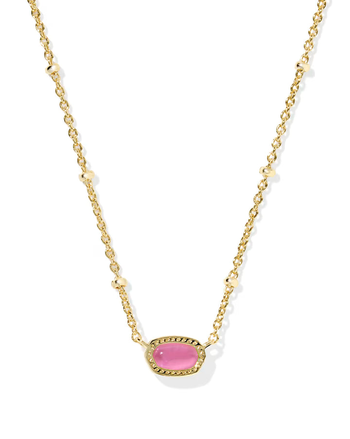 Mini Elisa Gold Satellite Short Pendant Necklace in Azalea Illusion by Kendra Scott; delicate gold chain with small bead accents and central oval Azalea Illusion stone in textured gold setting; available in standard 15″–17″ adjustable lengths.