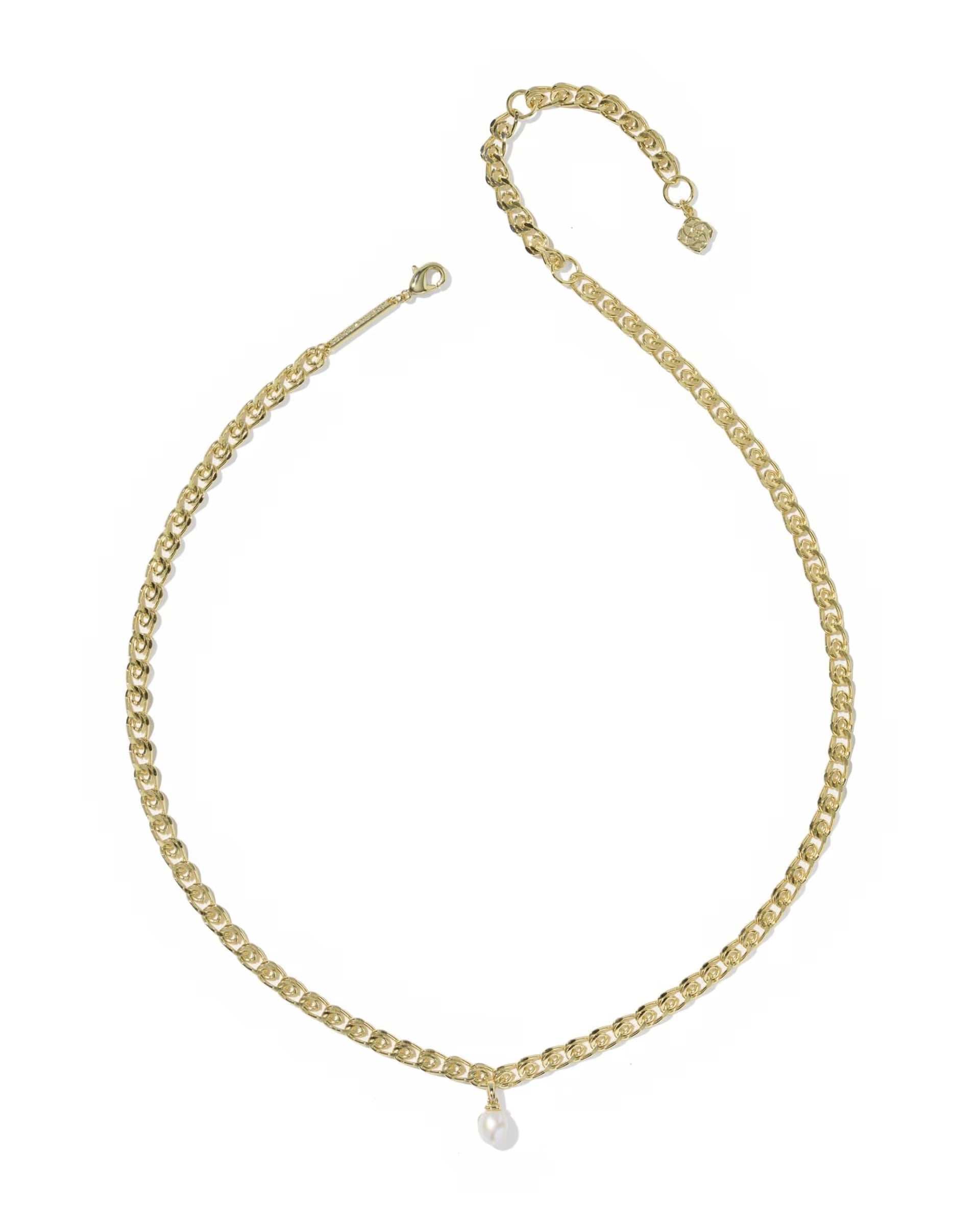 Oakland Pearl Gold Chain Necklace by Kendra Scott featuring a gold chain with a central freshwater pearl pendant and adjustable clasp. Available in multiple sizes.