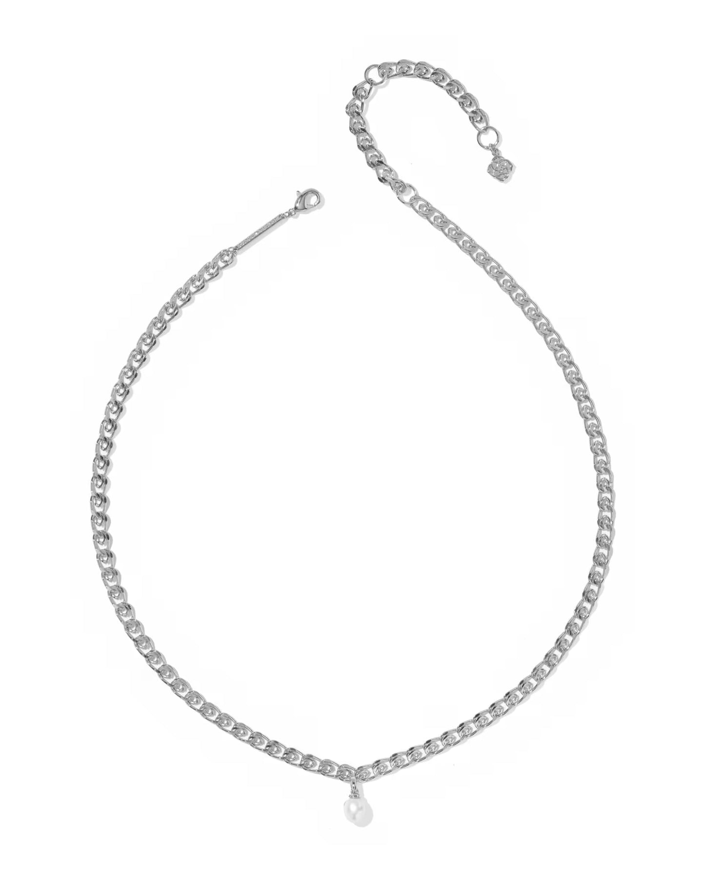Silver-toned chain necklace with a single small freshwater pearl pendant at the center; available in standard lengths.