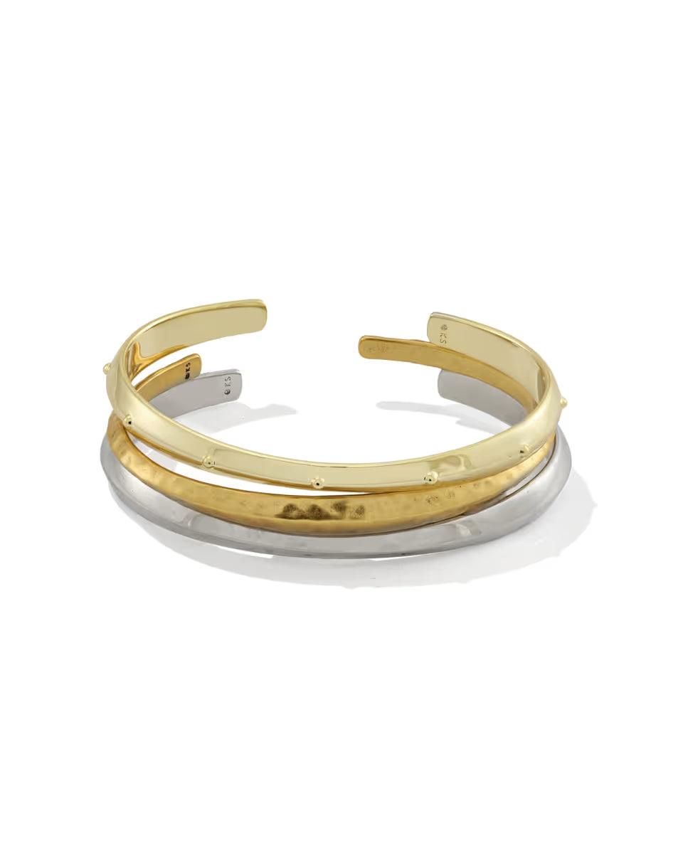 The Oakland Mixed Metal Set includes three cuff bracelets with smooth, gently curved bands in shiny gold and polished silver tones. Available sizes: small, medium, large.