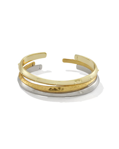 The Oakland Mixed Metal Set includes three cuff bracelets with smooth, gently curved bands in shiny gold and polished silver tones. Available sizes: small, medium, large.