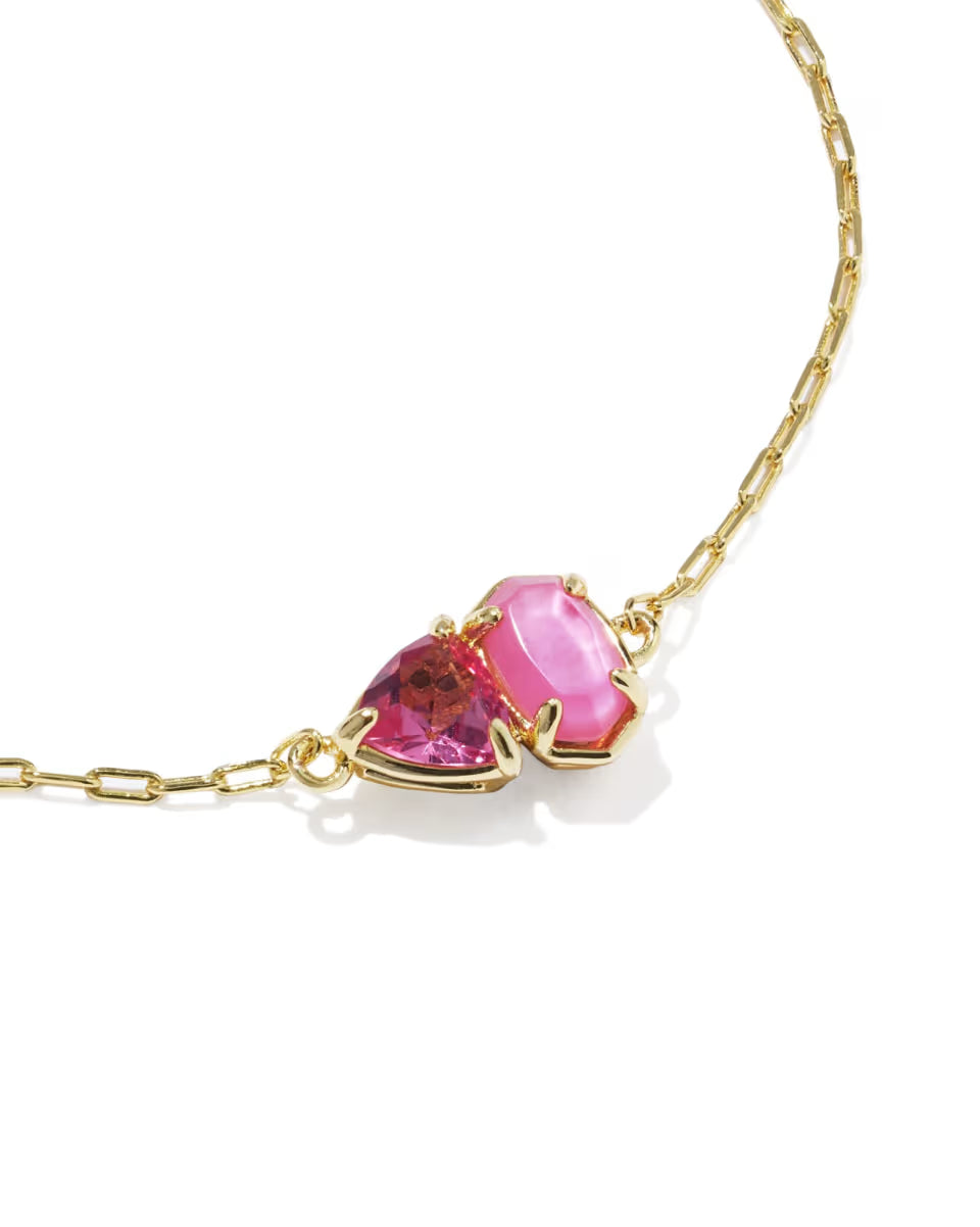 Tatum Gold Delicate Chain Bracelet in Pink Mix by Kendra Scott, features a slender gold chain with small pink gemstone accents; available in standard and petite sizes.