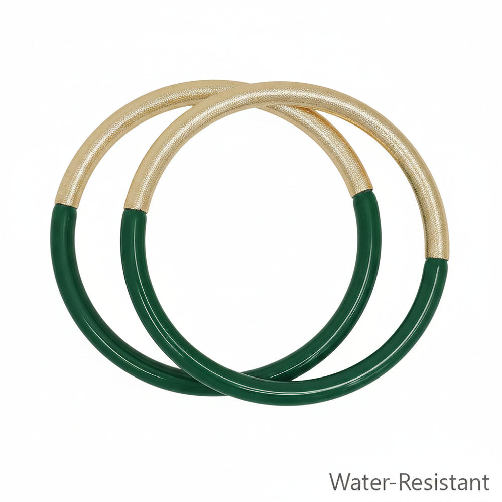 Leo Resin Gold Bangle Bracelet Set: Two interlocked bangles with a half-gold, half-green design, water-resistant. Sizes available: S/M, M/L.