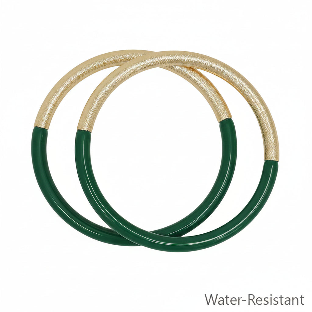 Leo Resin Gold Bangle Bracelet Set: Two interlocked bangles with a half-gold, half-green design, water-resistant. Sizes available: S/M, M/L.