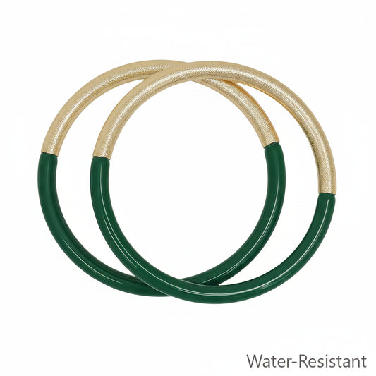 Leo Resin Gold Bangle Bracelet Set: Two interlocked bangles with a half-gold, half-green design, water-resistant. Sizes available: S/M, M/L.