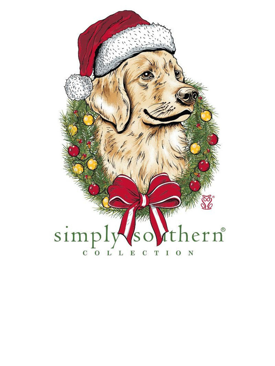 Merry and Bright Dog White Long Sleeve Shirt featuring a golden retriever wearing a Santa hat inside a Christmas wreath with a red bow and “simply southern COLLECTION” text.