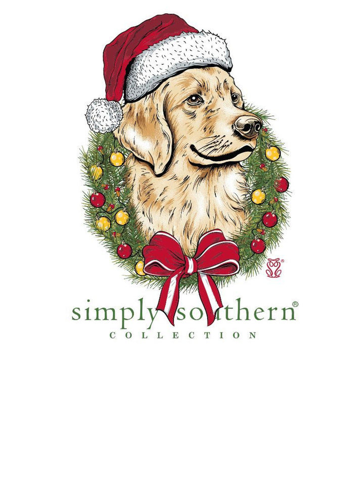 Merry and Bright Dog White Long Sleeve Shirt featuring a golden retriever wearing a Santa hat inside a Christmas wreath with a red bow and “simply southern COLLECTION” text.