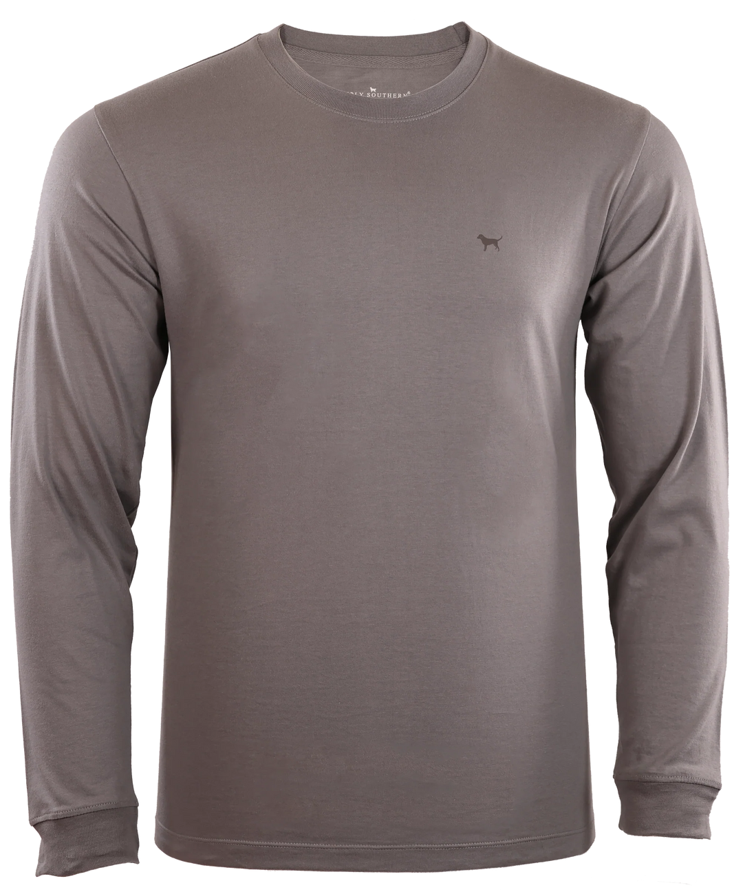 Sentence using the product name: The Hunt Dog Long Sleeve T-Shirt is a plain long-sleeve, charcoal gray 100% cotton shirt with a small logo on the chest, displayed against a transparent background. The shirt features a crew neckline and a slim fit design.