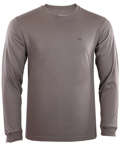 Sentence using the product name: The Hunt Dog Long Sleeve T-Shirt is a plain long-sleeve, charcoal gray 100% cotton shirt with a small logo on the chest, displayed against a transparent background. The shirt features a crew neckline and a slim fit design.