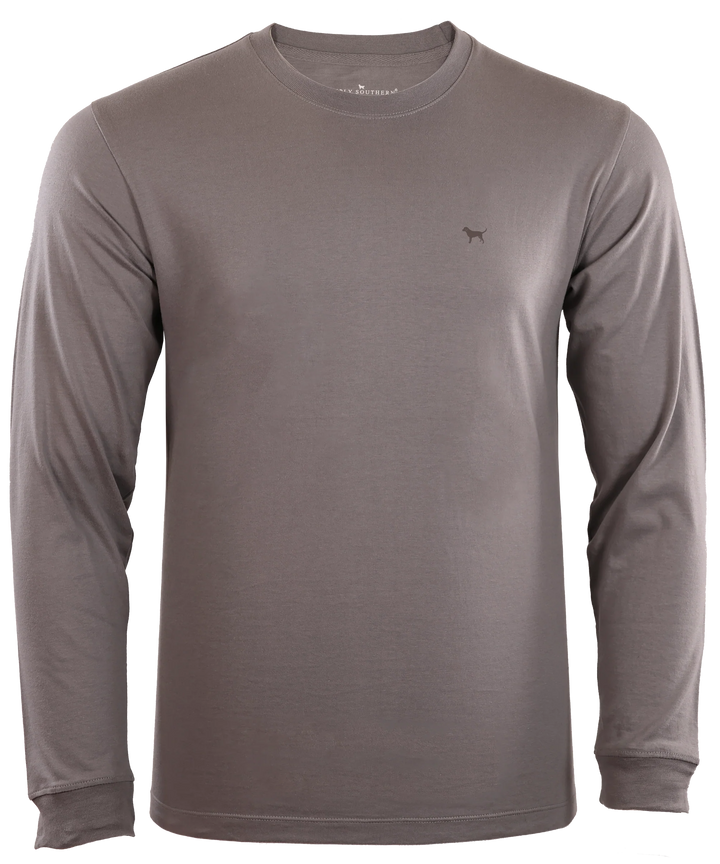 Sentence using the product name: The Hunt Dog Long Sleeve T-Shirt is a plain long-sleeve, charcoal gray 100% cotton shirt with a small logo on the chest, displayed against a transparent background. The shirt features a crew neckline and a slim fit design.