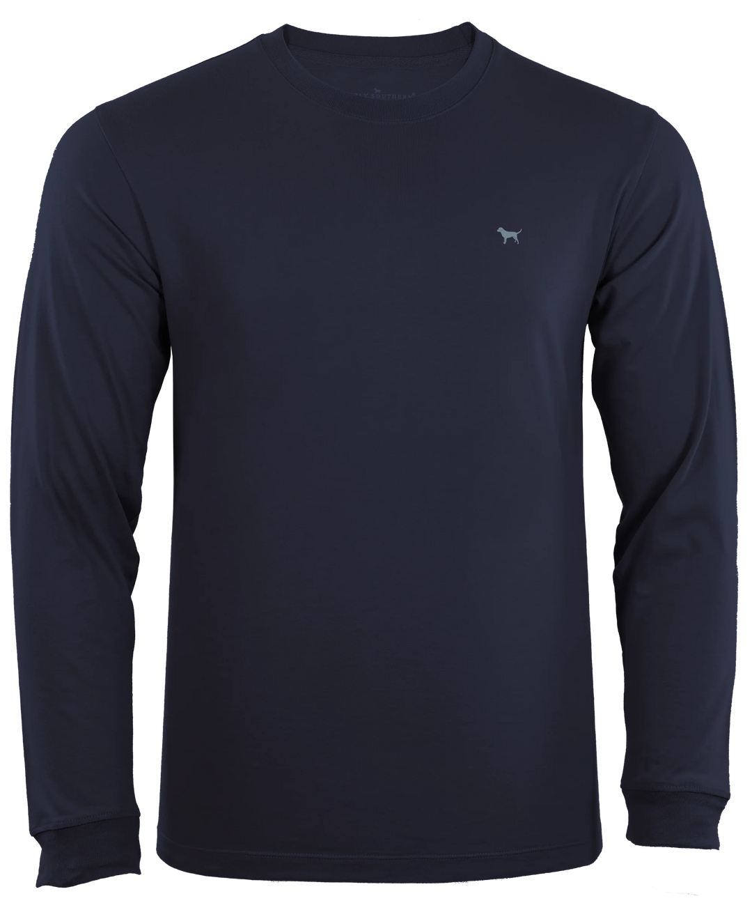 A plain navy blue Old Fashion Unisex long-sleeve shirt with sizing details, featuring a small white logo on the upper left chest.