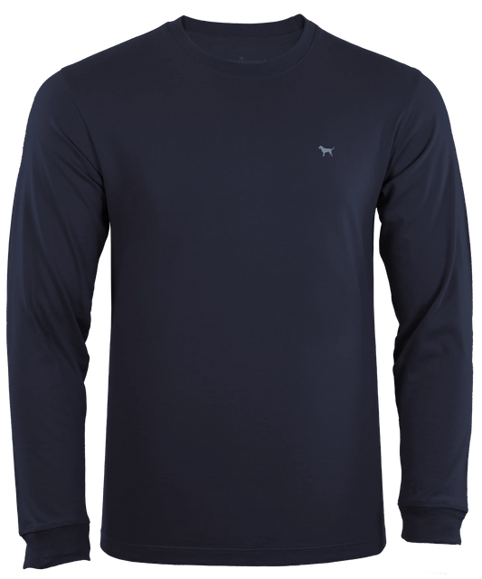 A plain navy blue Old Fashion Unisex long-sleeve shirt with sizing details, featuring a small white logo on the upper left chest.
