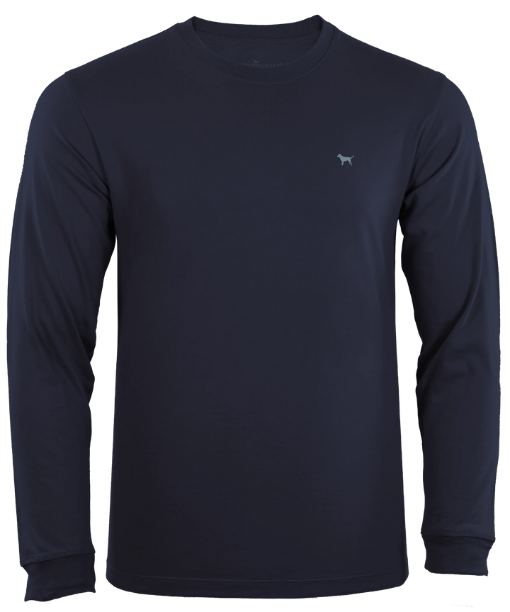 A plain navy blue Old Fashion Unisex long-sleeve shirt with sizing details, featuring a small white logo on the upper left chest.