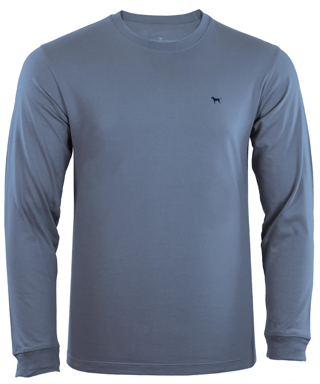 A Proud Blue Long Sleeve T-Shirt with sizing details, featuring a small logo on the upper left chest area.