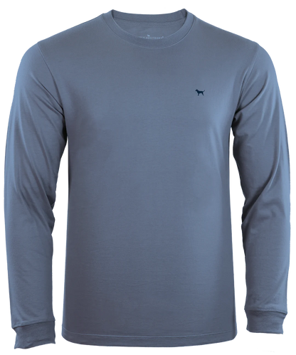 A Proud Blue Long Sleeve T-Shirt with sizing details, featuring a small logo on the upper left chest area.
