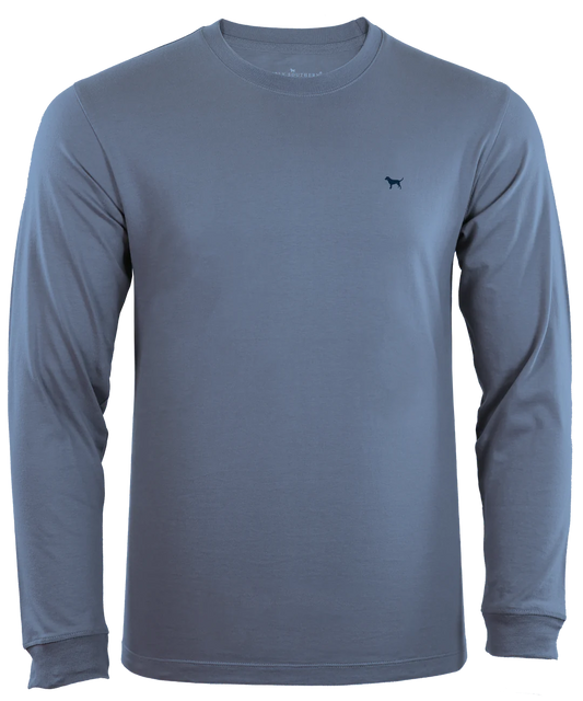A Proud Blue Long Sleeve T-Shirt with sizing details, featuring a small logo on the upper left chest area.