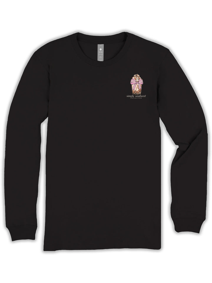 Black long-sleeve "Coffee Makes Me Much Nicer" tee by Simply Southern, playful coffee design. Available sizes: S-XXL.