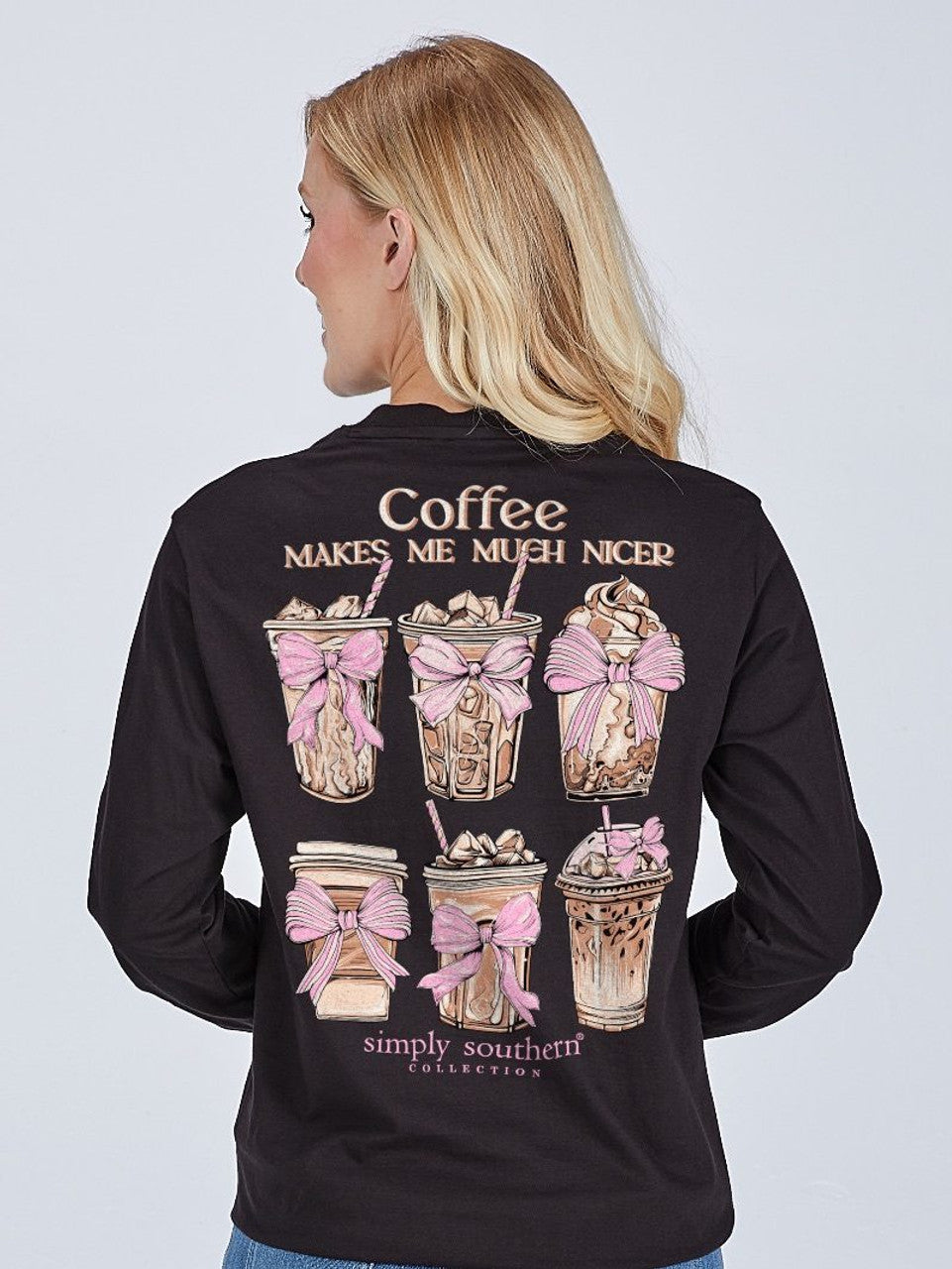 Black long sleeve Coffee Makes Me Much Nicer tee by Simply Southern. Iced coffee print, pink bows; sizes S-XXL.