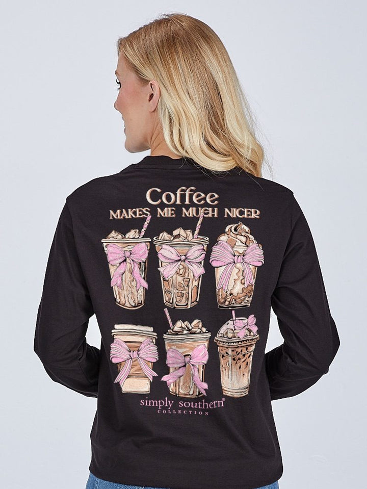 Black long sleeve Coffee Makes Me Much Nicer tee by Simply Southern. Iced coffee print, pink bows; sizes S-XXL.