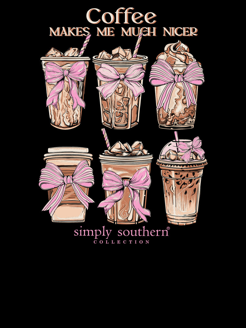 Black long sleeve T-shirt with six cute coffee drink illustrations, pink bows, and "Coffee makes me much nicer" slogan. Sizes S-XL.
