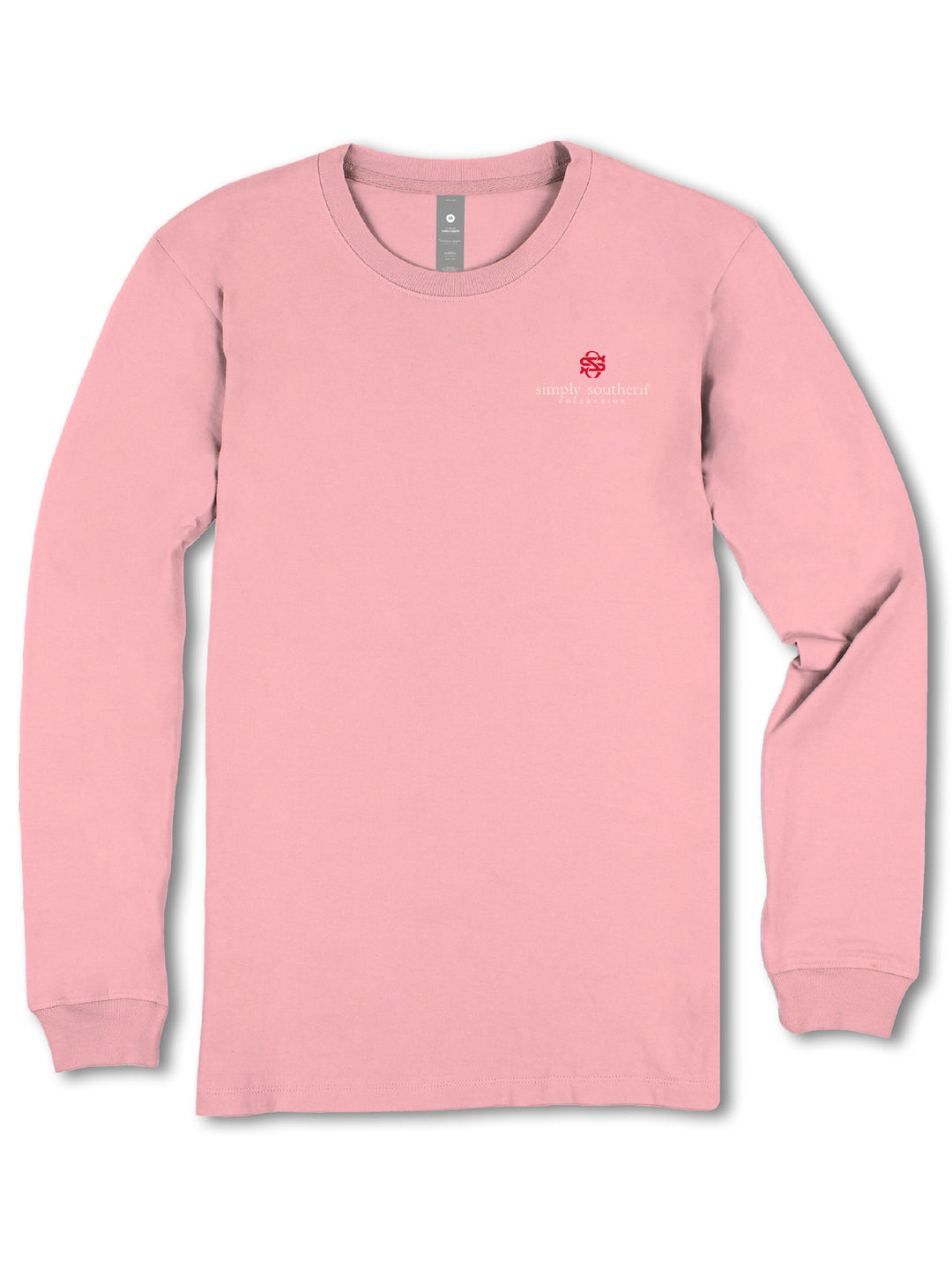 Tearose Pink Simply Southern long-sleeve T-shirt with small red logo and "simply southern" text, sizes S-XXL.