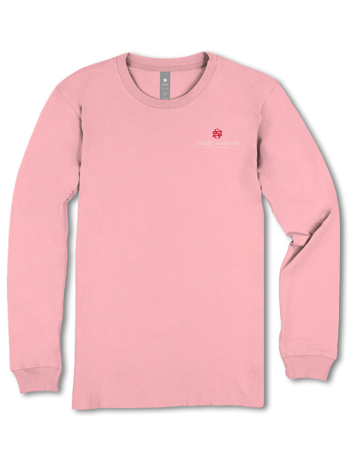Tearose Pink Simply Southern long-sleeve T-shirt with small red logo and "simply southern" text, sizes S-XXL.