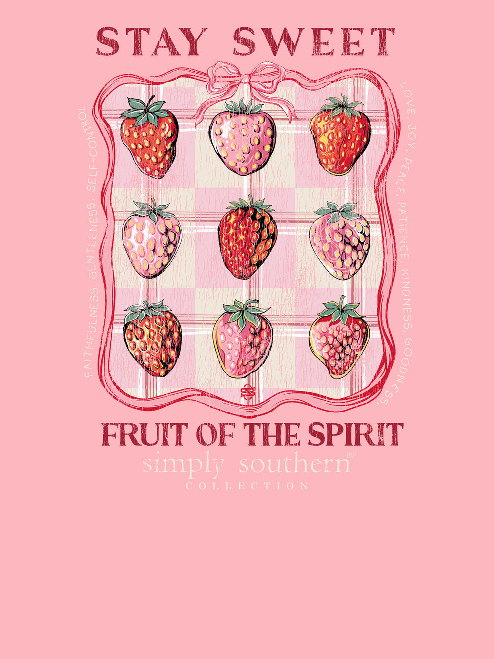 Stay Sweet Fruit of the Spirit Tearose Pink LS T-Shirt with nine strawberries, plaid, faith words; sizes S-XXL.