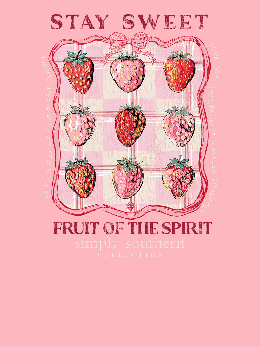 Stay Sweet Fruit of the Spirit Tearose Pink LS T-Shirt with nine strawberries, plaid, faith words; sizes S-XXL.