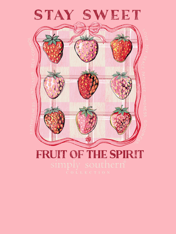 Stay Sweet Fruit of the Spirit Tearose Pink LS T-Shirt with nine strawberries, plaid, faith words; sizes S-XXL.