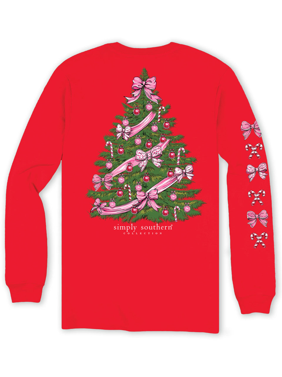 Youth Red Christmas Tree long-sleeve T-shirt. Red tee featuring a Christmas tree with pink bows, ornaments, and candy canes on the back, and a row of bows and candy canes down the sleeve. Available in youth sizes.