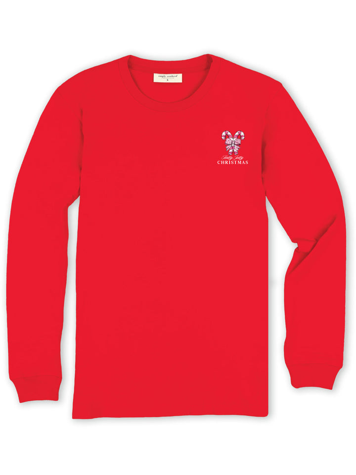 Youth Red Christmas Tree long-sleeve T-shirt featuring a candy cane graphic and “Holly Jolly CHRISTMAS” text on the left chest. Available in youth sizes.