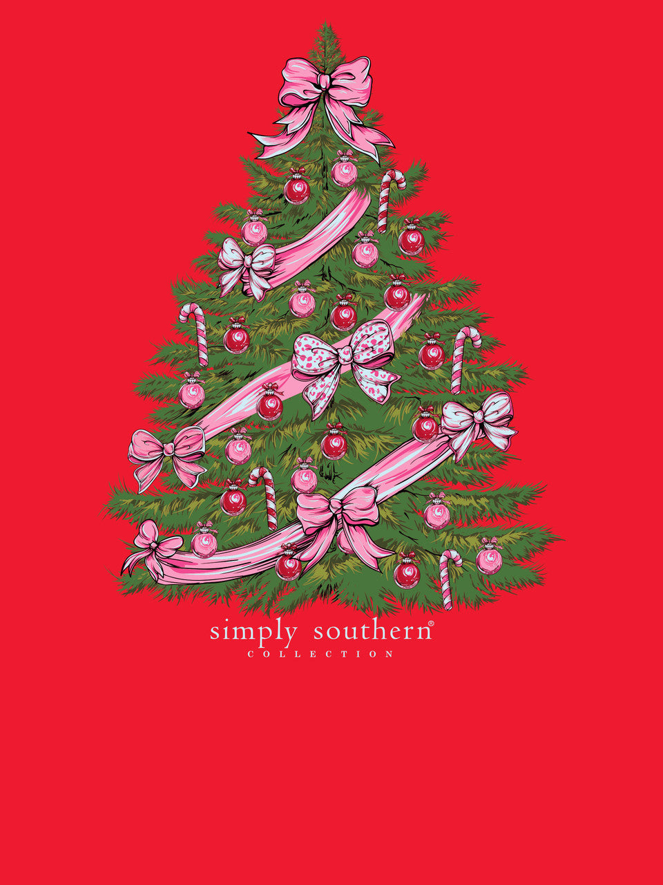 Youth Red Christmas Tree LS T-Shirt featuring an illustrated tree with pink bows, ornaments, and candy canes. Available in youth sizes.