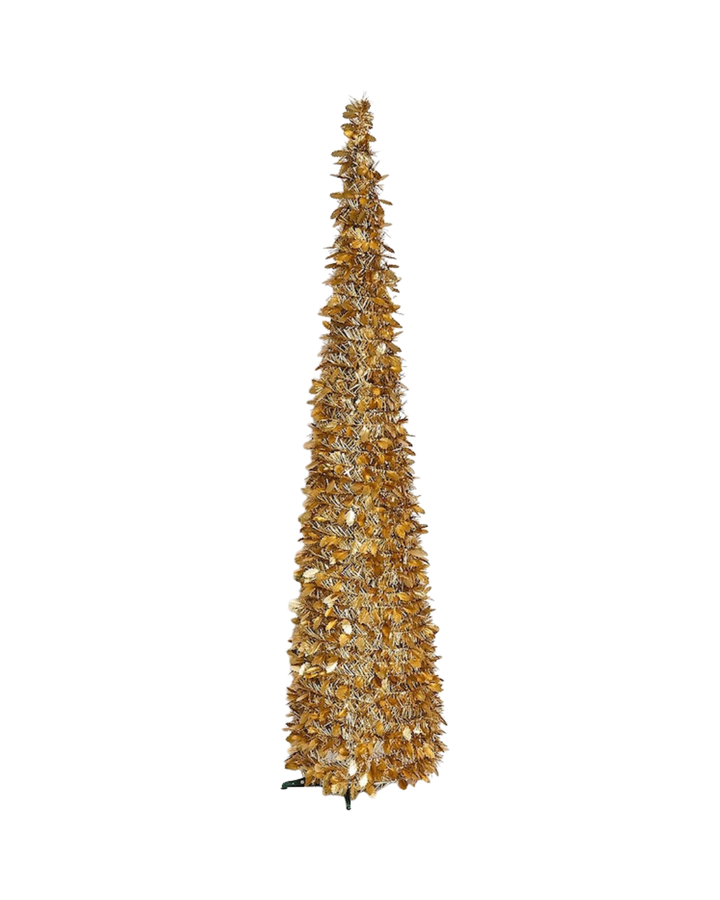 Metallic gold Tinsel &amp; Holly collapsible tree with holly leaf accents, available in three sizes.