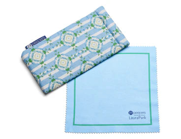Blue and white patterned eyeglass case with light blue cleaning cloth, green trim, "Laura Park" text. Sizes: standard only.