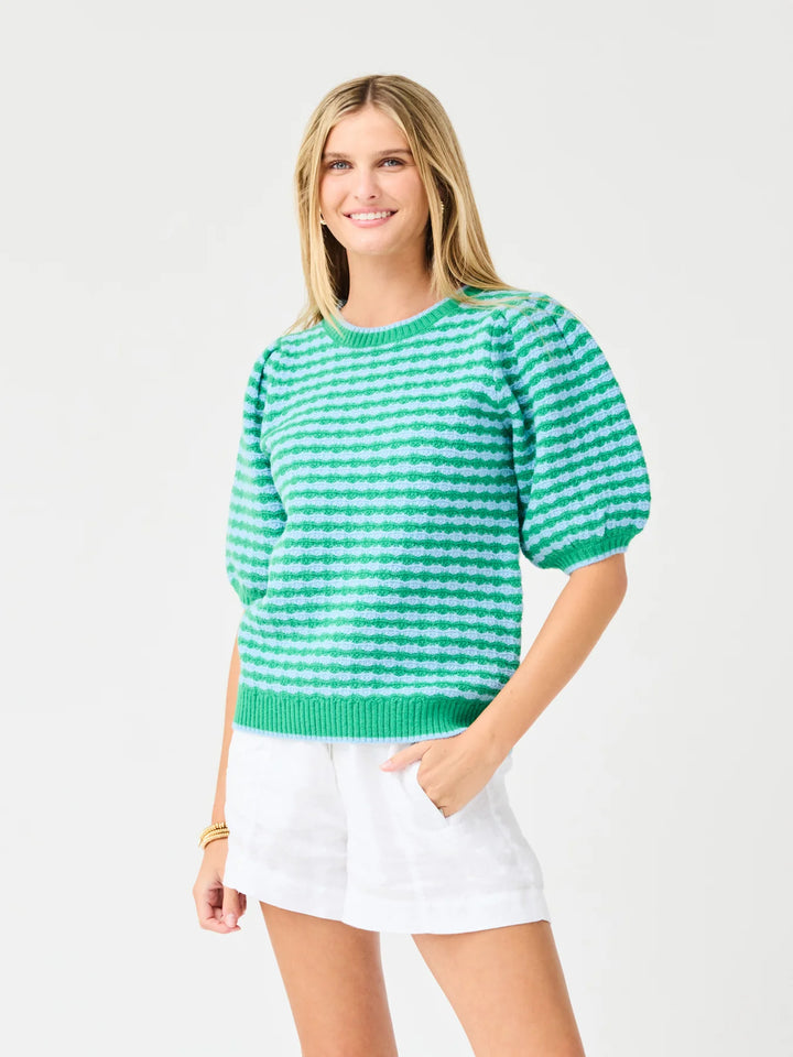 Abigail Sweater in blue and green stripes, crew neckline. Available in sizes XS-XL.