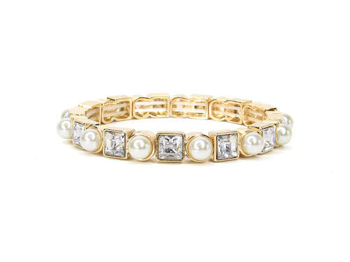 Margo Gold Pearl Stretch Bracelet with alternating clear square-cut rhinestones and white round pearls. Available in multiple sizes.