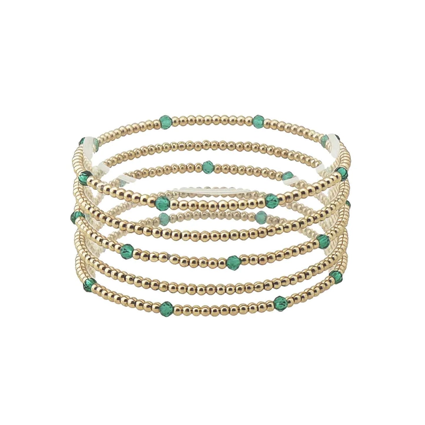 Set of seven thin gold and colored bead stretch bracelets with evenly spaced small turquoise beads, available in one size.