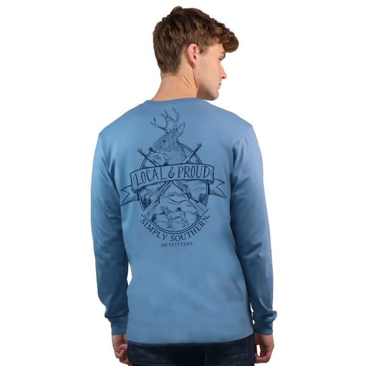 A man viewed from the back wearing a Proud Blue Long Sleeve T-Shirt with a stag graphic and sizing information, including "local & proud, simply southern outfitters.