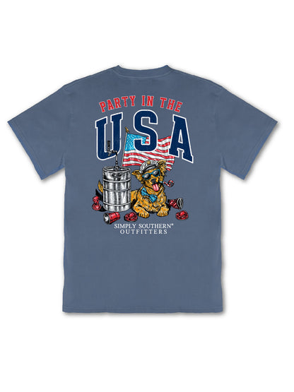 Blue "Party in the USA" dog SS T-shirt with flag, keg, bandana dog. Sizes S-XXL. "Simply Southern Outfitters" at hem.