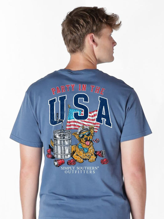“Party in the USA Dog SS T-Shirt” with pup, sunglasses, keg, red cups & flag. Sizes S-XXL. From Simply Southern Outfitters.