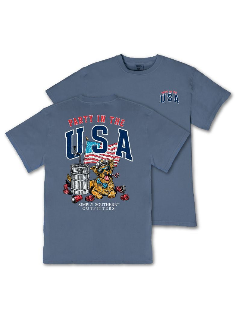 Party in the USA Dog SS T-Shirt with dog graphic on back, "Simply Southern USA" on front. Sizes S-XXL available.