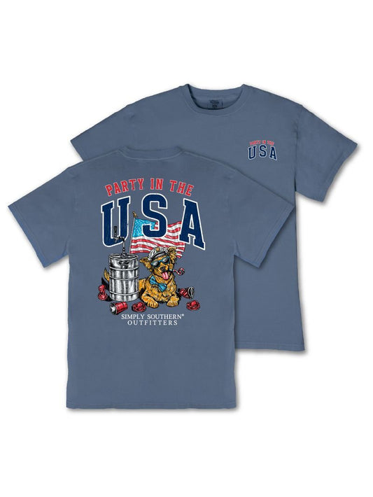 Party in the USA Dog SS T-Shirt with dog graphic on back, "Simply Southern USA" on front. Sizes S-XXL available.